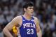 Philadelphia 76ers' Ersan Ilyasova (23) stands on the court during the second half of Game 3 of a first-round NBA basketball playoff series against the Miami Heat, Thursday, April 19, 2018, in Miami. The 76ers won 128-108. (AP Photo/Lynne Sladky)