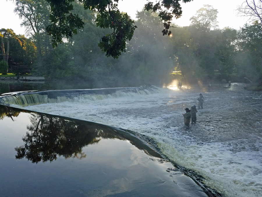Anglers enjoying fishing the fall salmon run at Kletzsch Park Falls in Milwaukee earlier this month. - Photo credit: Reni Rydlewicz