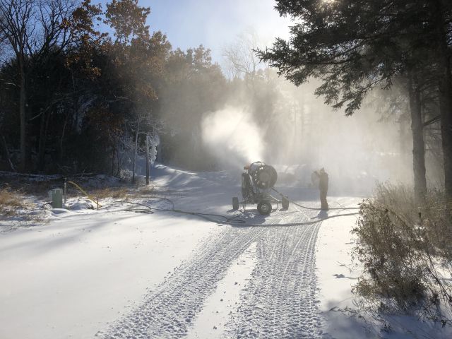 Cold temperatures have allowed the Friends of Lapham Peak to begin making snow for the man-made snow cross-country ski loop . - Photo credit: John McCarthy, Friends of Lapham Peak