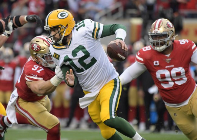 Packers QB Aaron Rodgers scrambles in 2019 NFC Championship game against San Francisco 49ers