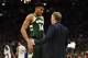 MILWAUKEE, WISCONSIN - MARCH 17:  Giannis Antetokounmpo #34 of the Milwaukee Bucks speaks with head coach Mike Budenholzer during a game against the Philadelphia 76ers at Fiserv Forum on March 17, 2019 in Milwaukee, Wisconsin. NOTE TO USER: User expressly acknowledges and agrees that, by downloading and or using this photograph, User is consenting to the terms and conditions of the Getty Images License Agreement. (Photo by Stacy Revere/Getty Images)