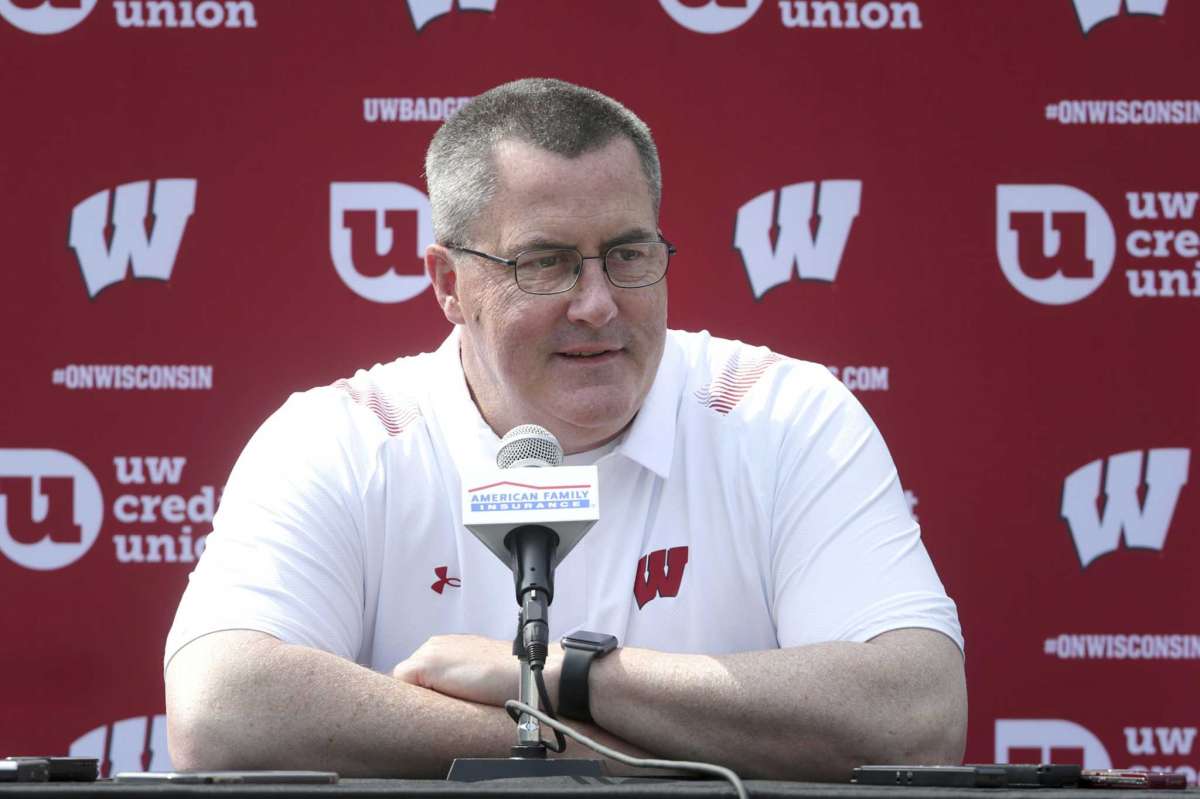 Wisconsin head football coach Paul Chryst talks to reporters during the team's NCAA college football media day at Camp Randall Stadium in Madison, Wis., Thursday, Aug. 5, 2021. (Kayla Wolf/Wisconsin State Journal via AP)