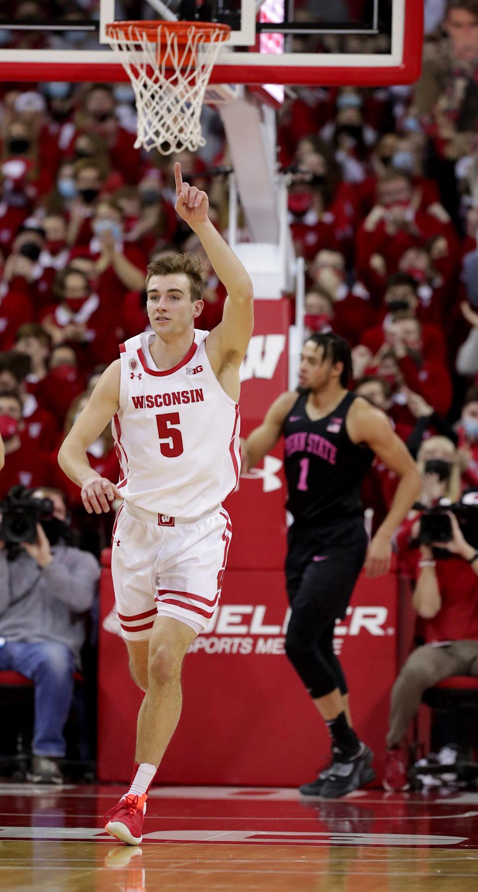 Wisconsin forward Tyler Wahl celebrates a basket against Big Ten foe Penn State this month.