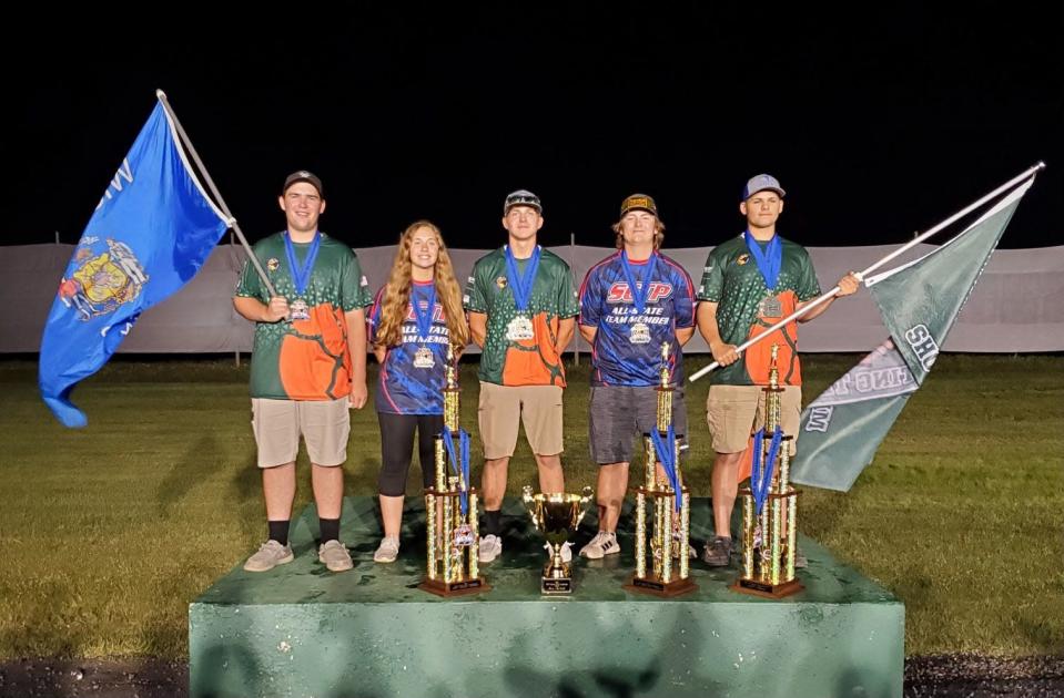 The varsity trap team of the Waterford Wolverine Shooting Team, comprised of (left to right) Eli Watral, Angie Wolfert, Jaden Hoppe, Riley Cammers and Cole Anderson, won the title at the 2022 Scholastic Clay Target Program National Championships, held July 9 to 16 in Ohio.