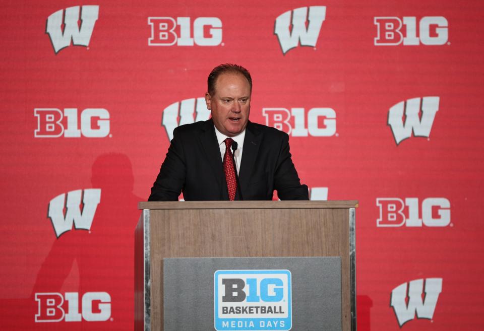 Wisconsin men's basketball coach Greg Gard answers questions from reporters Wednesday at the Big Ten media days in Minneapolis.