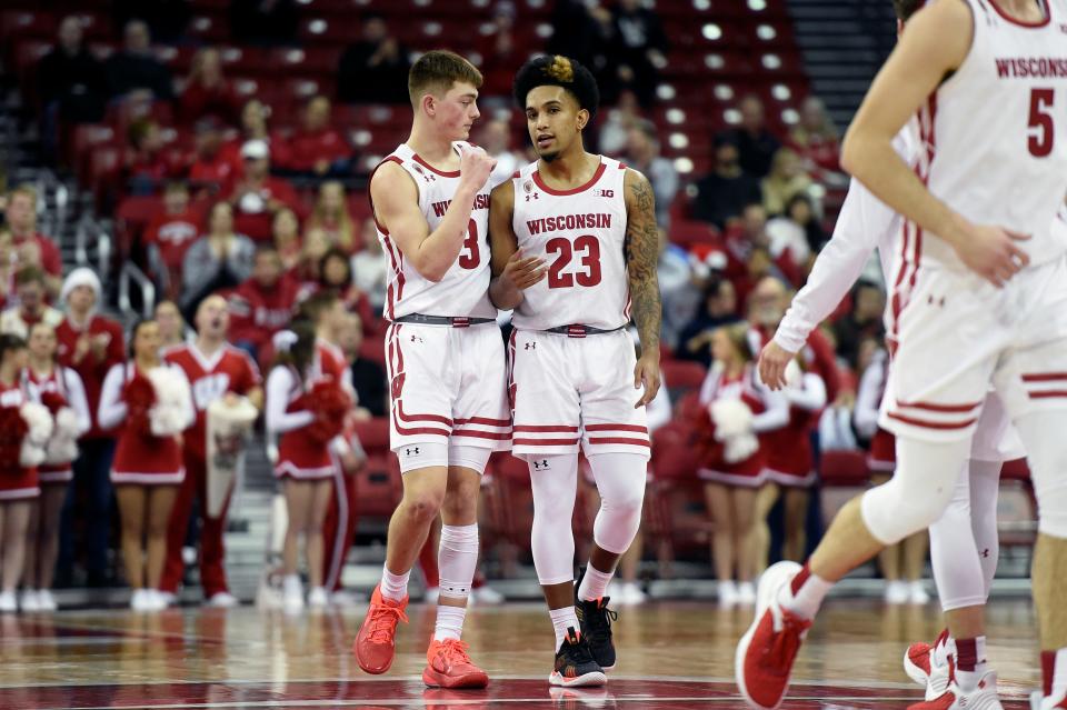 Wisconsin guards Connor Essegian (3) and Chucky Hepburn have both made more than 46% of their three-point shots.