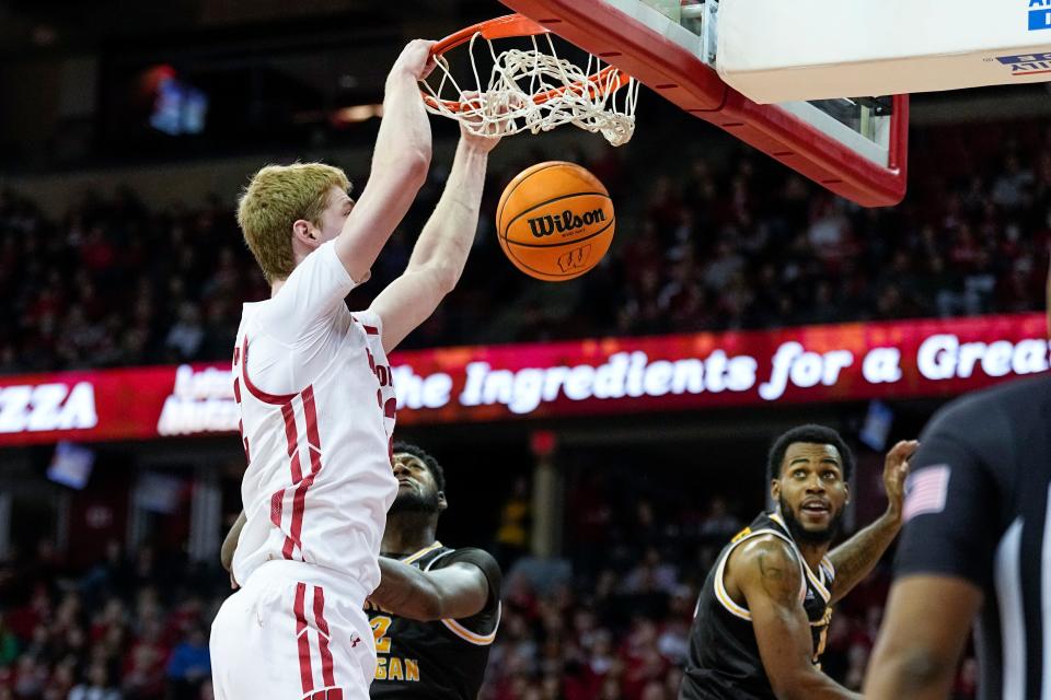 Wisconsin forward Steven Crowl throws down two of his career-high 25 points against Western Michigan on Friday night at the Kohl Center.