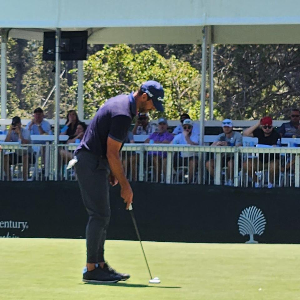 Aaron Rodgers putts on No. 14 Saturday at the American Century Championship golf tournament at Edgewood Tahoe Golf Course. Rodgers finished fifth, his strongest showing in 19 years.