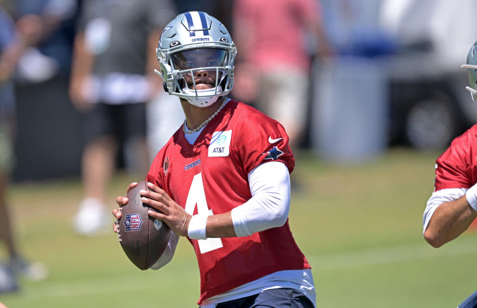 OXNARD, CALIFORNIA - JULY 27: Quarterback Dak Prescott #4 of the Dallas Cowboys throws a pass during training camp at River Ridge Playing Fields on July 27, 2023 in Oxnard, California. (Photo by Jayne Kamin-Oncea/Getty Images)
