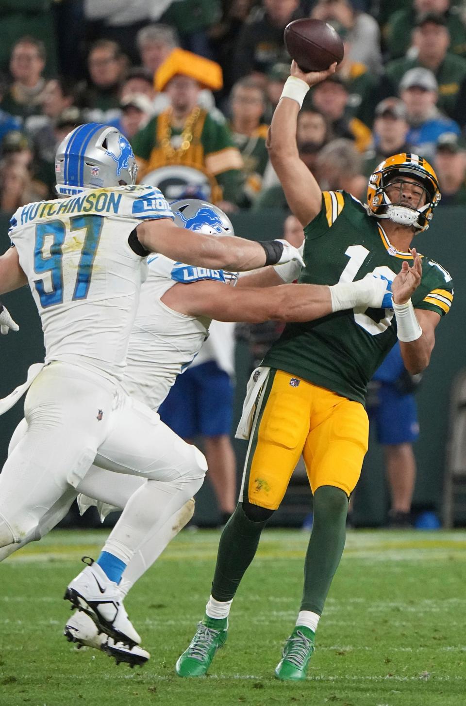 Packers quarterback Jordan Love is pressured by Lions defensive end John Cominsky during the second quarter of the Lions' 34-20 win Thursday, Sept. 28, 2023, in Green Bay, Wisconsin.