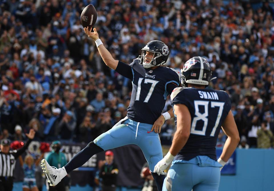 Titans quarterback Ryan Tannehill celebrates after a touchdown against the Saints last Sunday. The former Texas A&M star should have another good fantasy week as he faces the Texans.